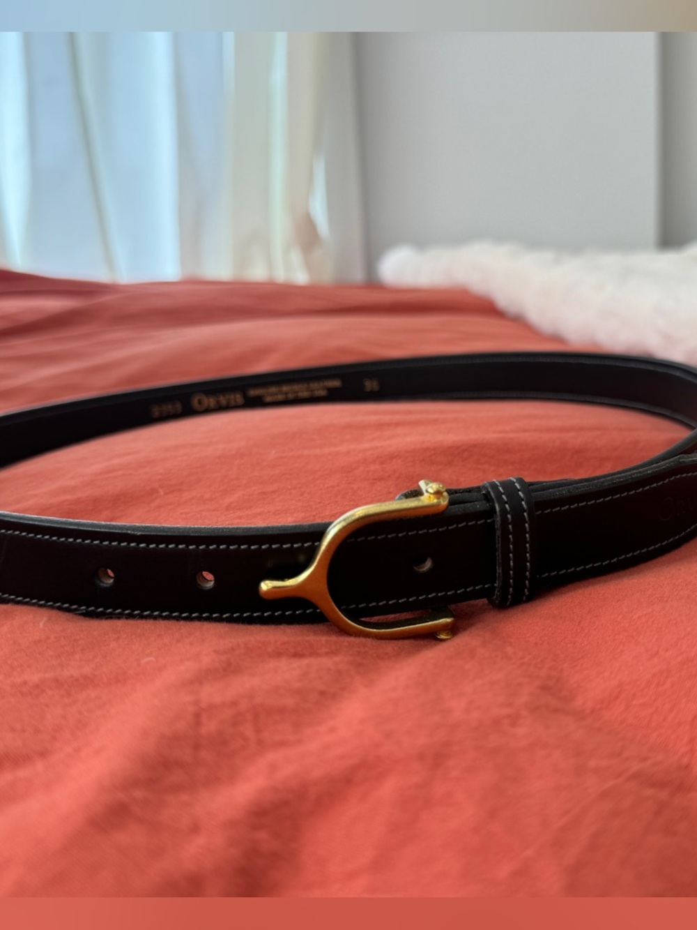 Gorgeous Orvis Black Leather Belt with Gold Horse Spur Buckle Size 36 or L